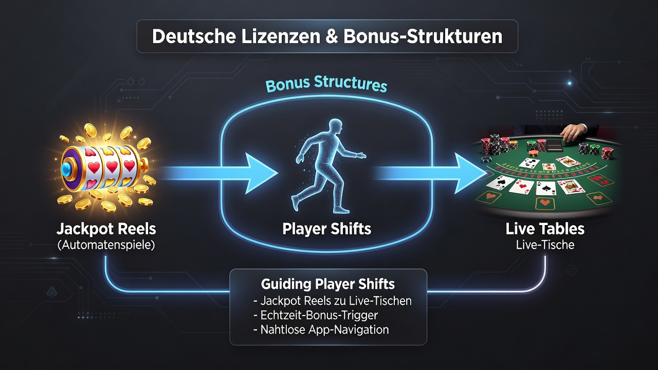 Illustration hybrider Bonusmechanismen zwischen Walzenspielen und Live-Dealer auf mobilen Plattformen