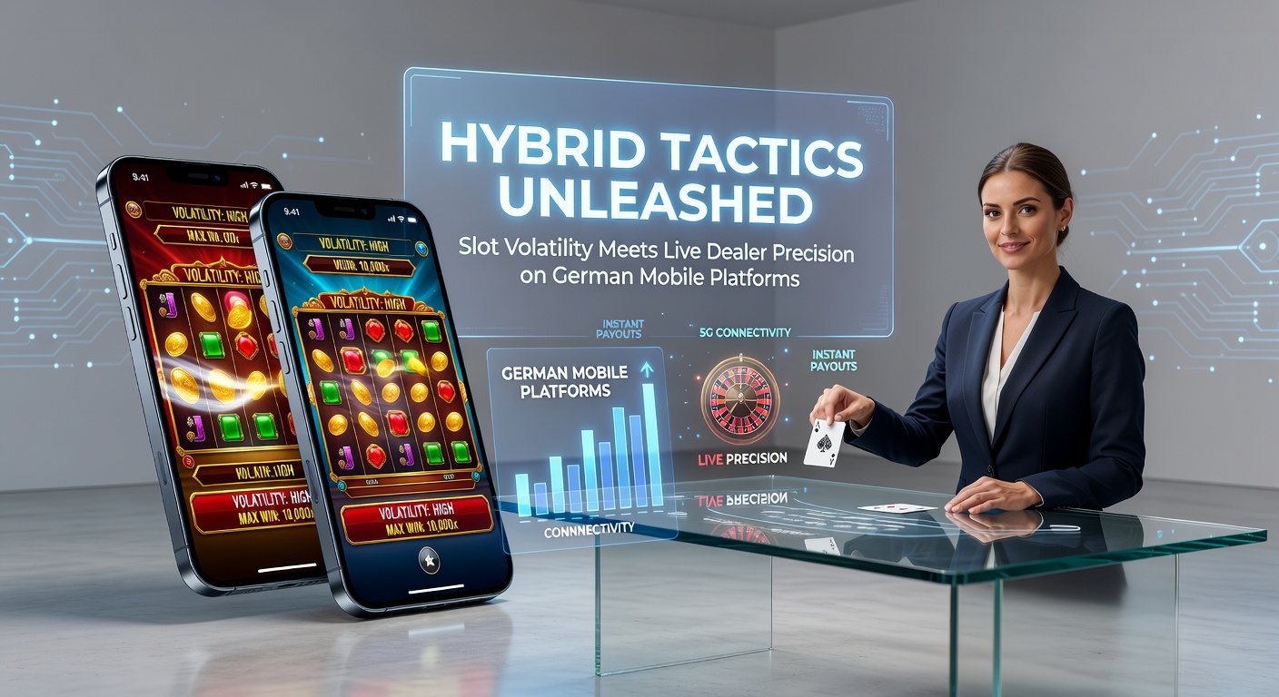 Grafik mit volatilen Slot-Rädern, die in einen Live-Dealer-Tisch übergehen, umgeben von Mobil-App-Icons und deutschen Flaggen-Elementen
